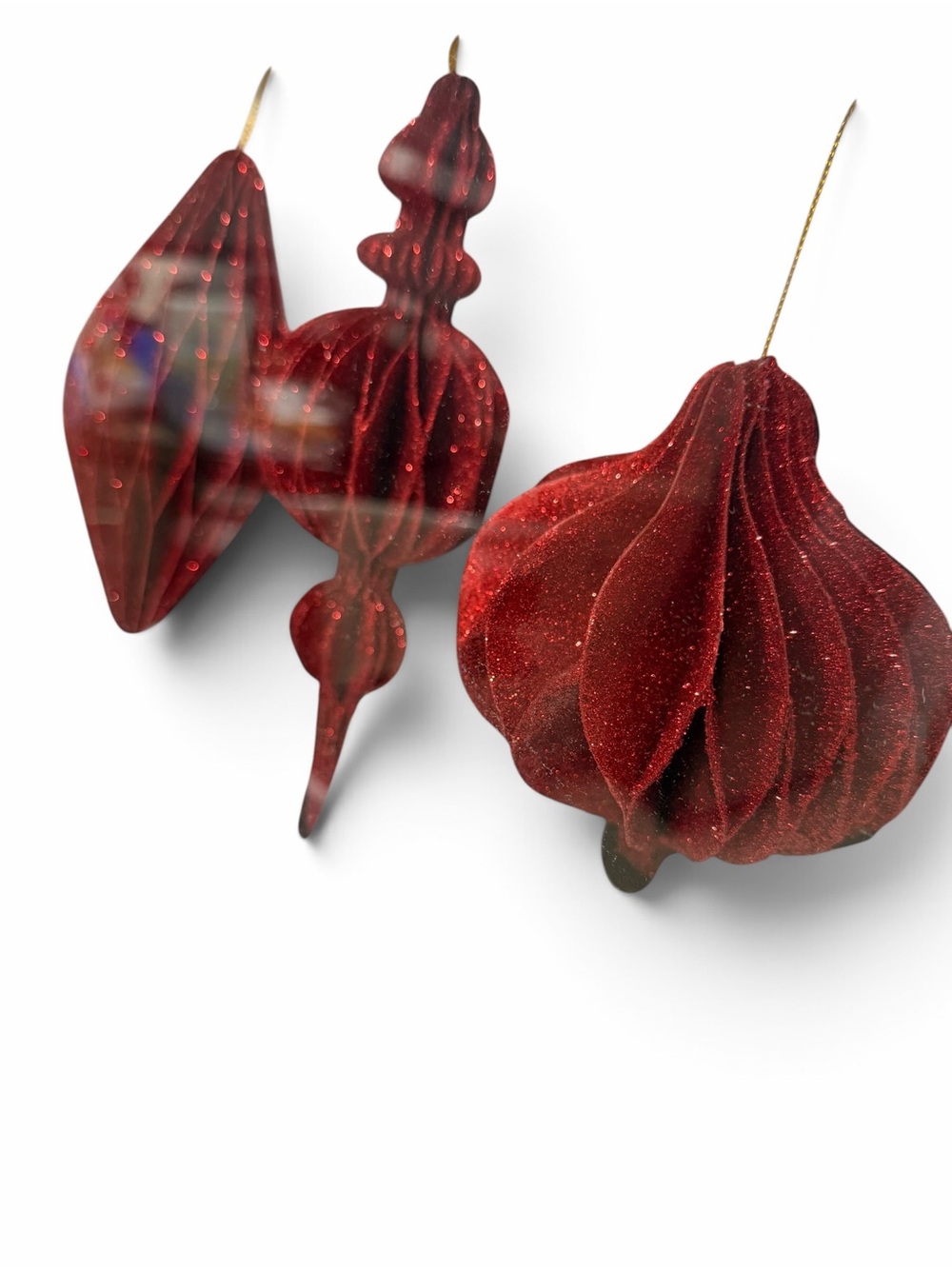 Burgundy Red Large Glitter Paper Christmas Ornaments – Set of 3
